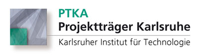 kleines, grünes Viereck in einem größeren, grauen Viereck. Daneben der grüne Schriftzug "PTKA". Darunter der schwarze Schriftzug "Projektträger Karlsruhe". Darunter ein schwarzer Trennstrich und der graue Schriftzug "Karlsruher Institut für Technologie"