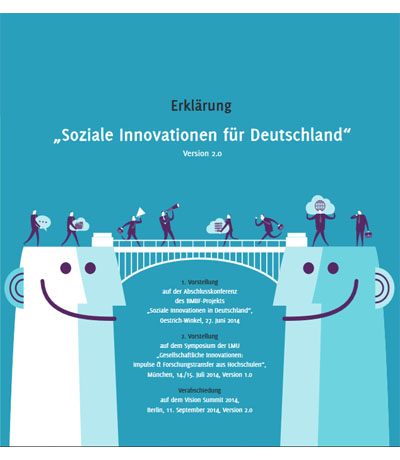 Zwei skizzenartige Figuren schauen sich an. Diese sind verbunden mit einer Brücke über die weitere Figuren gehen. Titel "Soziale Innovation für Deutschland - Erklärung" Version 2.0.