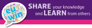 EUWIN Logo des EUWIN links. Hintergrund lila, rosa und weißer Streifen. Text: Share your knowledge and learn from others. Die Worte Share und Learn in Großbuchstaben geschrieben.