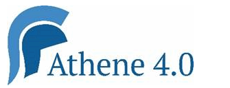Logo Athene 4.0. Old depicted helmet in two shades of blue on the left. Next to it on the right in blue writing "Athena 4.0"
