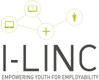 I-LINC Logo. Schriftzug "I-LINK", darüber Bilder von einem Laptop, einem Buch, die durch eine Linie zu einem Pluszeichen führen, die an einem Bild einer Person endet.