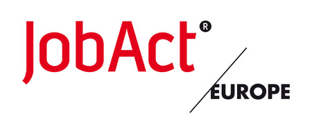 roter Schriftzug "JobAct", Querstrich,  kleinerer, schwarzer Schriftzug "EUROPE"