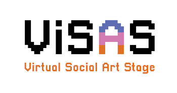 Logo visas. In implied pixelated black letters "visas". The A is designed in blue, pink and orange. Below it in English in orange letters "Virtual Social Art Stage".