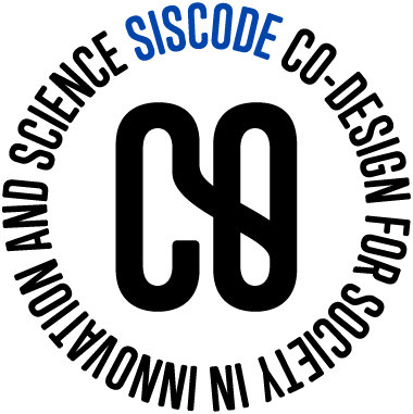 In einem Kreis auf Englisch in Großbuchstaben geschrieben "Siscode Co-Design for Society in Innovation and Science". Das Logo in blau geschrieben. In der Mitte des Kreises ein C und ein O die miteinander verbunden sind.