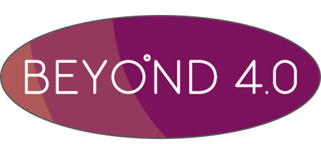 In purple oval circle in white capital letters written "Beyond 4.0". On the right above the "O" a small circle.