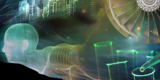 Futuristische Collage aus einer Drahtgitterfigur, skizzierten Hochhäusern, einem Turbinenrad und Laborobjekten wie Pipette und Reagenzgläsern.