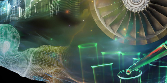 Futuristic collage featuring a wire mesh figure, sketched skyscrapers, a turbine wheel and laboratory objects such as pipettes and test tubes.